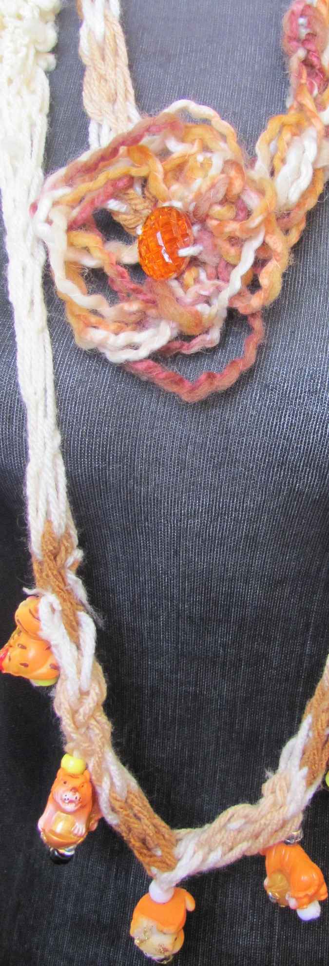 large image of art item: accessory – necklace crochet orange white flower animals wooden