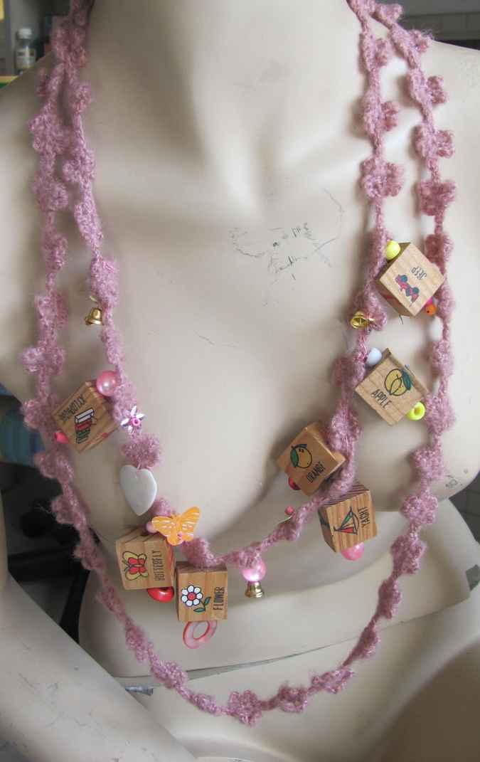 large image of art item: accessory – necklace crochet pink cubes wooden