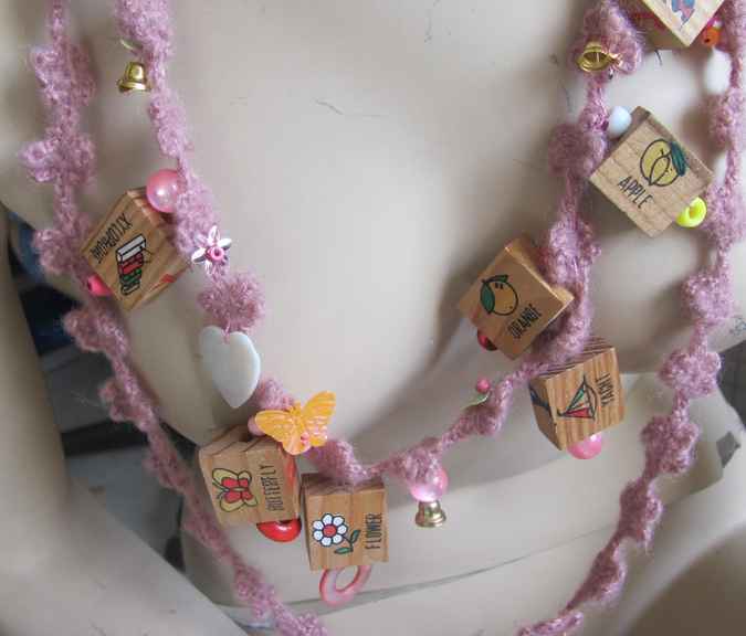 large image of art item: accessory – necklace crochet pink cubes wooden