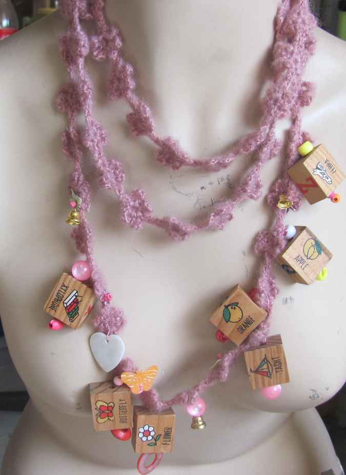 large image of art item: accessory – necklace crochet pink cubes wooden