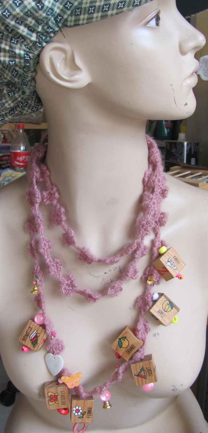 large image of art item: accessory – necklace crochet pink cubes wooden
