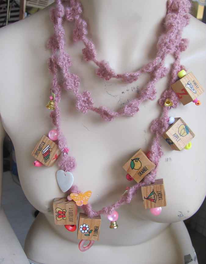 large image of art item: accessory – necklace crochet pink cubes wooden