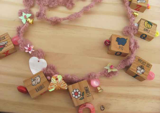 large image of art item: accessory – necklace crochet pink cubes wooden