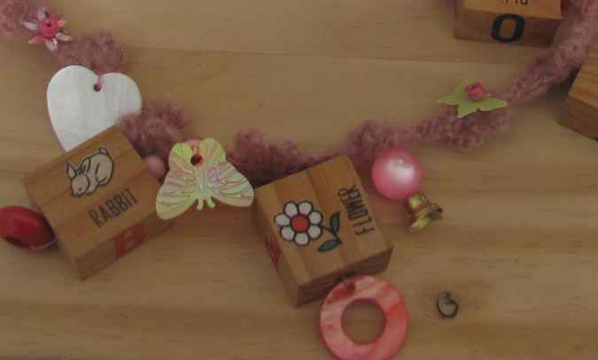 large image of art item: accessory – necklace crochet pink cubes wooden