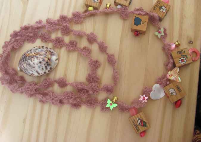 large image of art item: accessory – necklace crochet pink cubes wooden