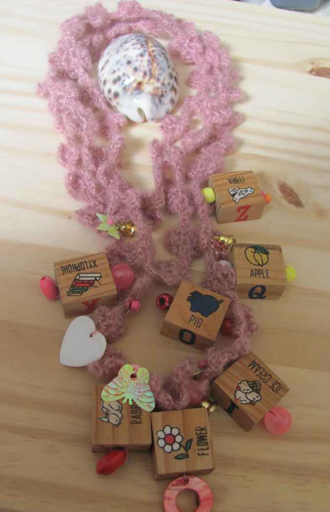 large image of art item: accessory – necklace crochet pink cubes wooden