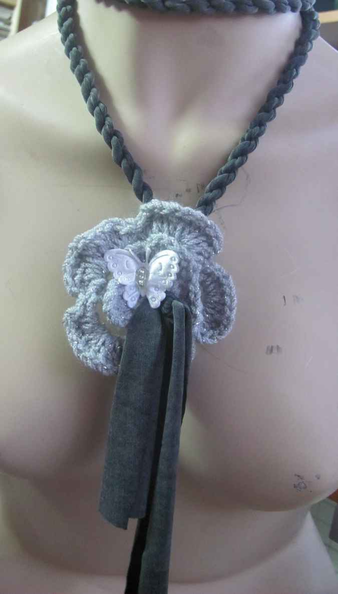 large image of art item: accessory – necklace gray crochet flower butterfly