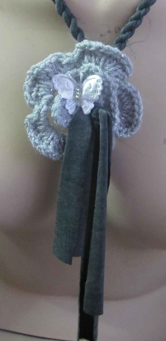 large image of art item: accessory – necklace gray crochet flower butterfly