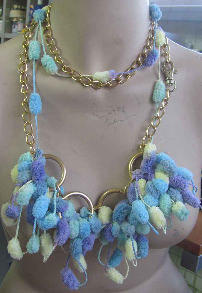 large image of art item: accessory – ponpons cyan golden chain and rings