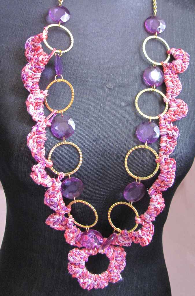 large image of art item: accessory – chestpiece necklace crochet pink rings gold