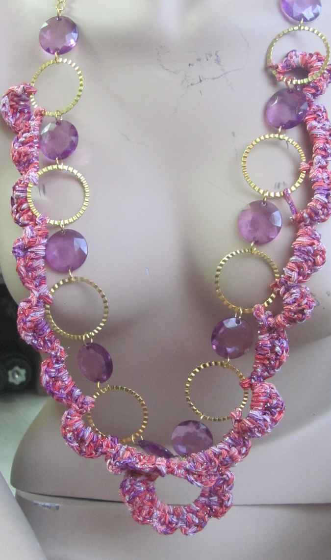 large image of art item: accessory – chestpiece necklace crochet pink rings gold