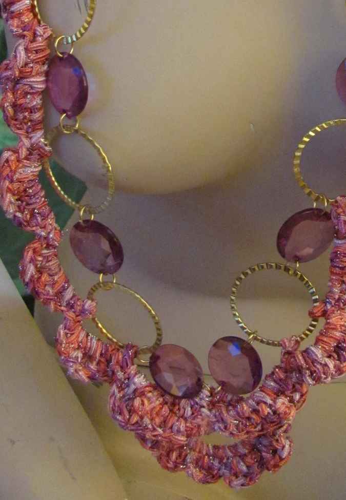 large image of art item: accessory – chestpiece necklace crochet pink rings gold