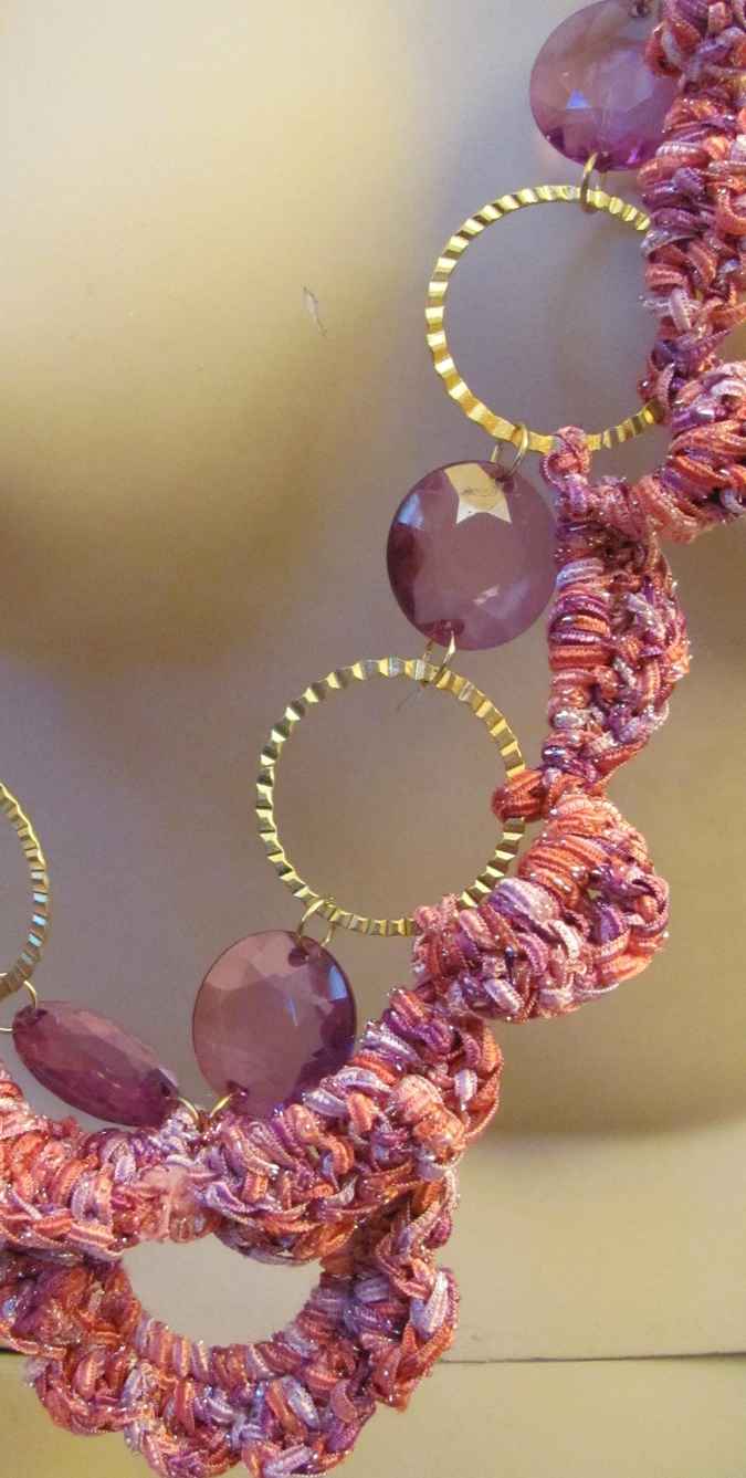 large image of art item: accessory – chestpiece necklace crochet pink rings gold