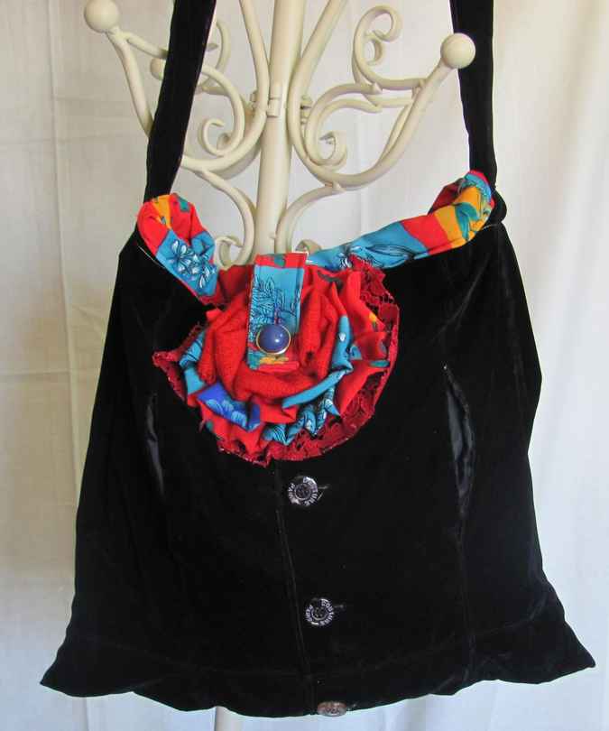 large image of art item: bag – black buttons flower red cyan