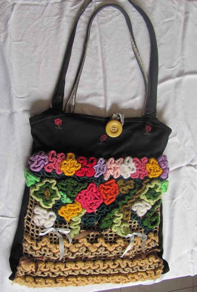 large image of art item: bag – black crochet flowers and patterns