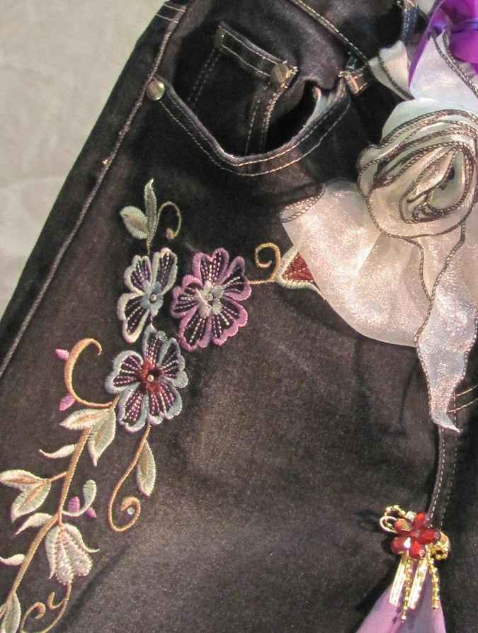 large image of art item: bag – black flower needlework ribbon gray