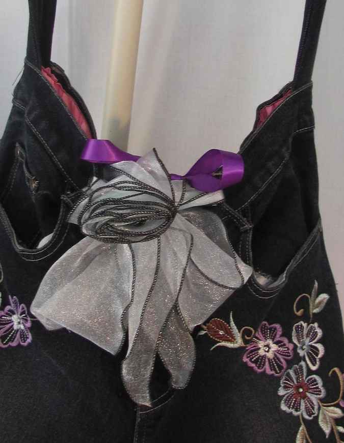 large image of art item: bag – black flower needlework ribbon gray