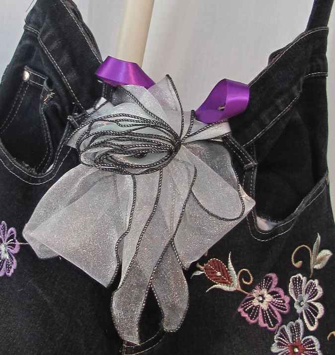 large image of art item: bag – black flower needlework ribbon gray