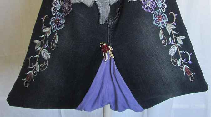 large image of art item: bag – black flower needlework ribbon gray