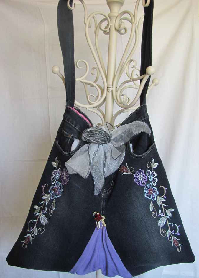 large image of art item: bag – black flower needlework ribbon gray