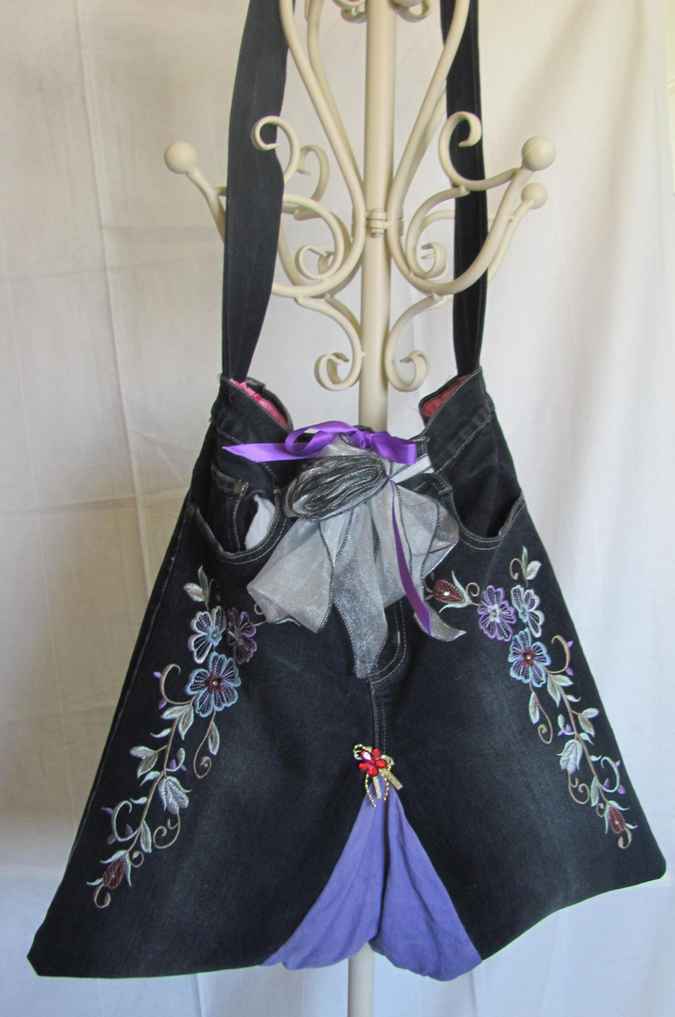 large image of art item: bag – black flower needlework ribbon gray