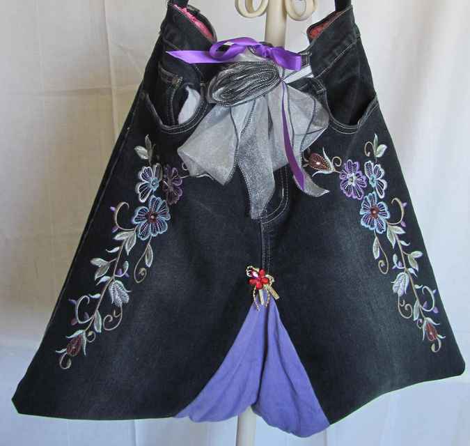 large image of art item: bag – black flower needlework ribbon gray