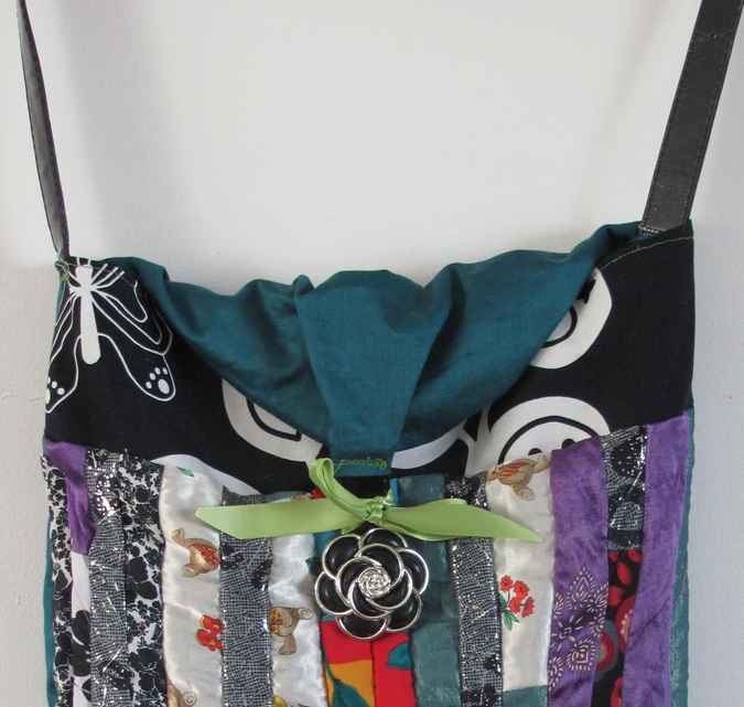 large image of art item: bag – black motif butterfly and plant colurful quiltwork