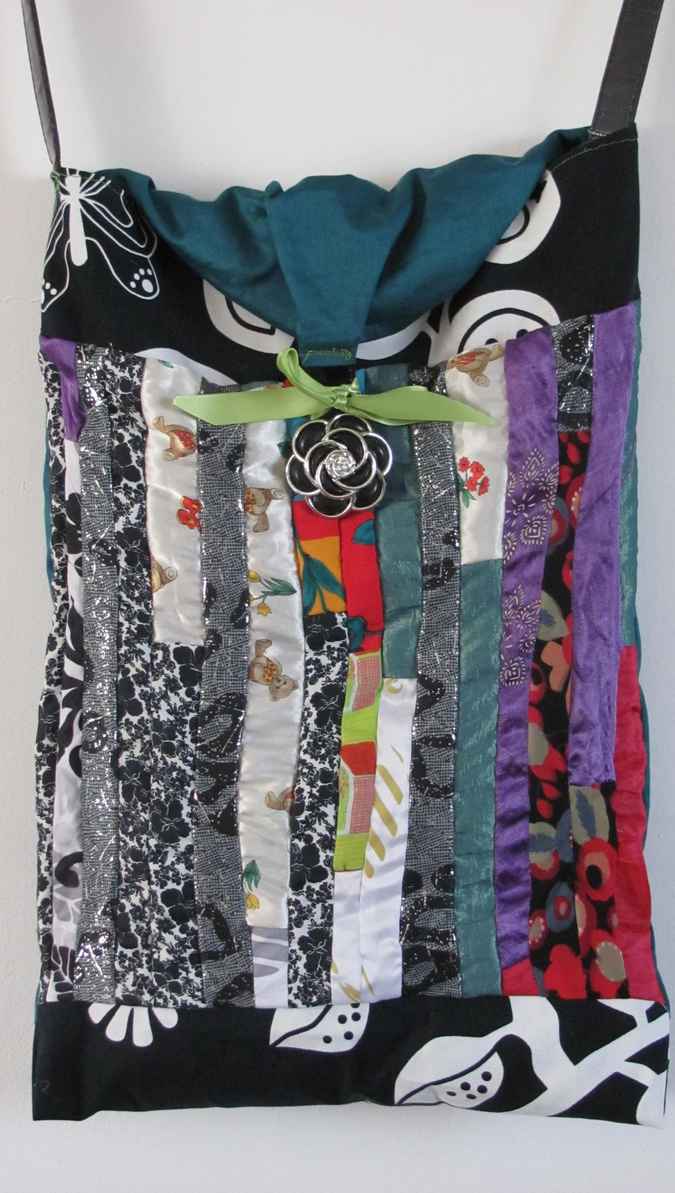 large image of art item: bag – black motif butterfly and plant colurful quiltwork