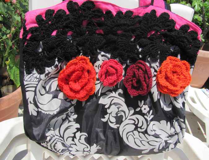 large image of art item: bag – black motif plant white flower crochet red