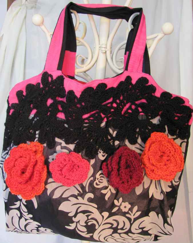 large image of art item: bag – black motif plant white flower crochet red