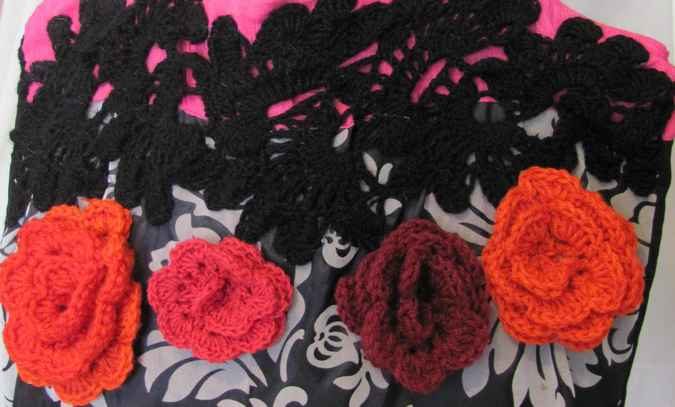 large image of art item: bag – black motif plant white flower crochet red