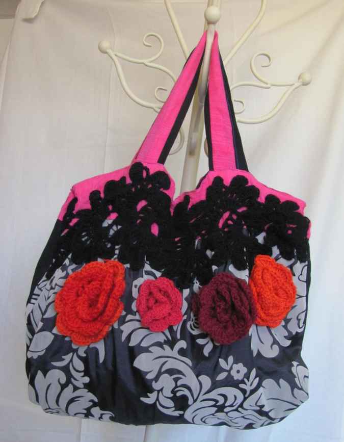 large image of art item: bag – black motif plant white flower crochet red