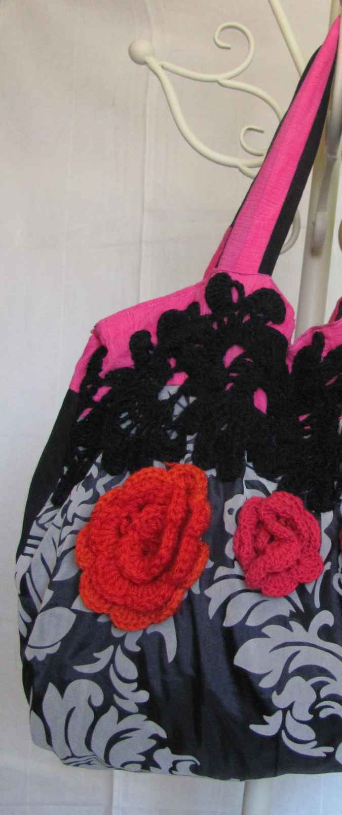 large image of art item: bag – black motif plant white flower crochet red