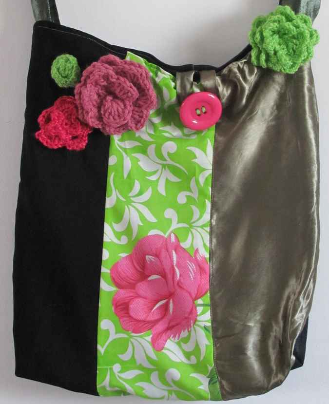 large image of art item: bag – black pink green crochet flowers and quiltwork