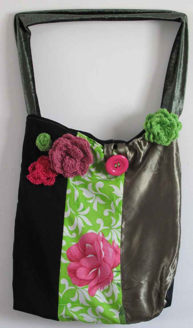 large image of art item: bag – black pink green crochet flowers and quiltwork