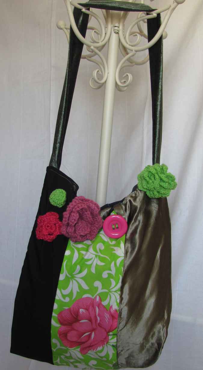 large image of art item: bag – black pink green crochet flowers and quiltwork