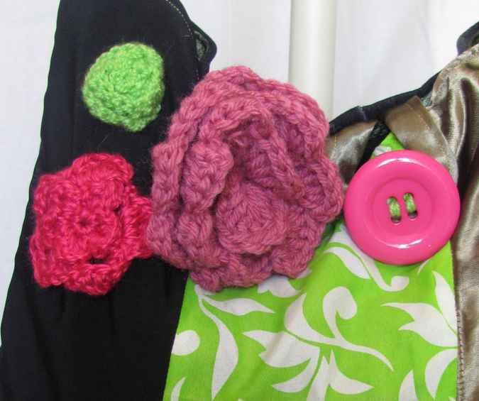 large image of art item: bag – black pink green crochet flowers and quiltwork