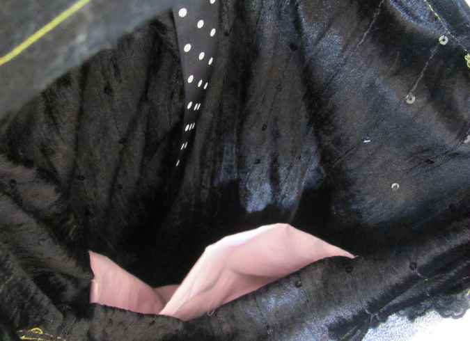 large image of art item: bag – black with white lace pink quiltwork and black and white ribbon
