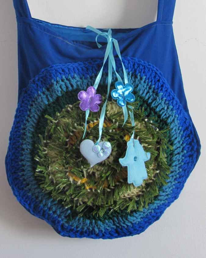 large image of art item: bag – blue with crochet disc blue green yellow