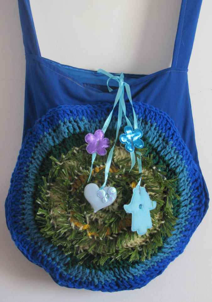 large image of art item: bag – blue with crochet disc blue green yellow