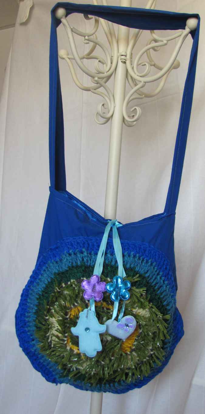 large image of art item: bag – blue with crochet disc blue green yellow