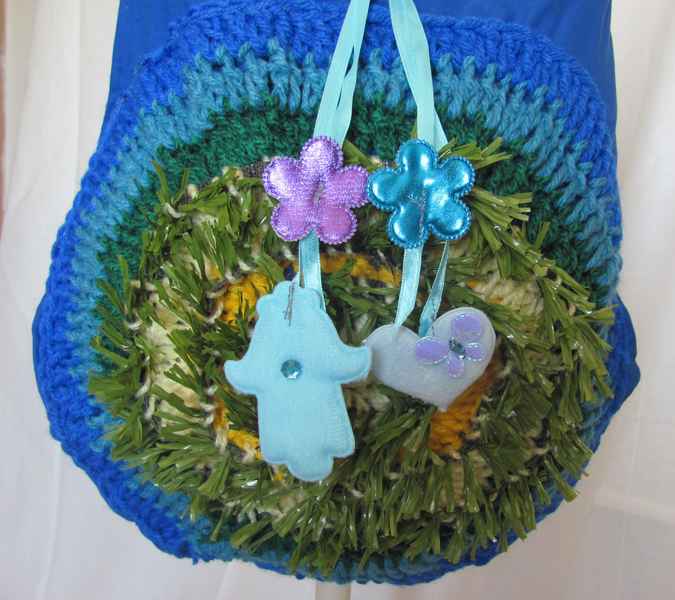 large image of art item: bag – blue with crochet disc blue green yellow
