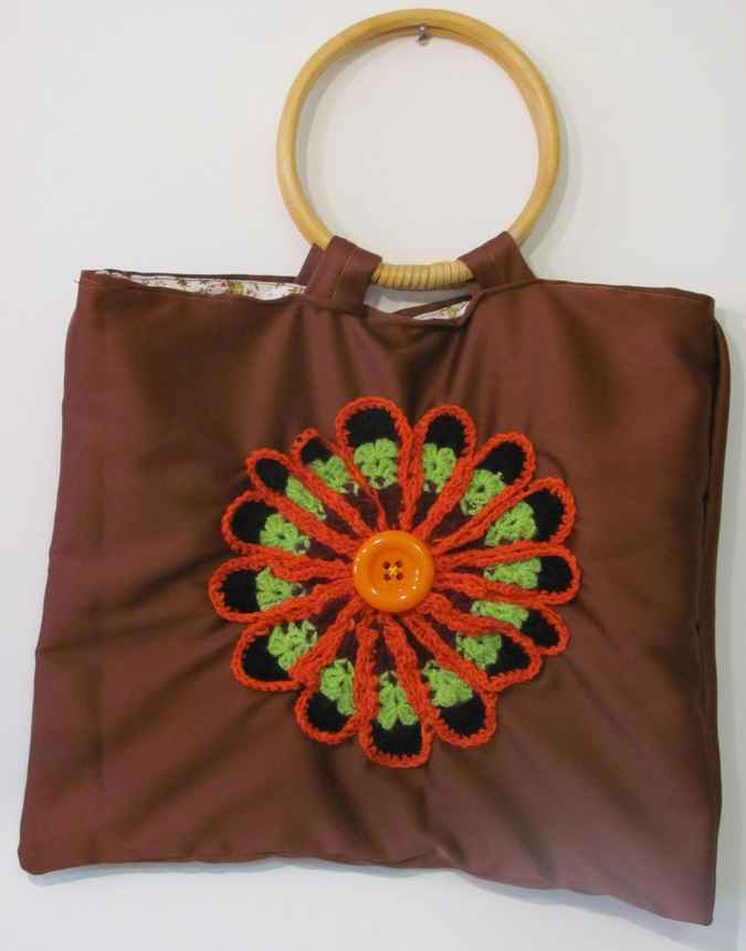 large image of art item: bag – brown crochet flower orange black green button orange