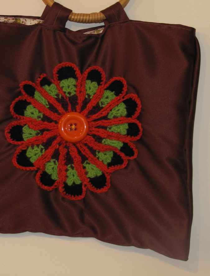 large image of art item: bag – brown crochet flower orange black green button orange