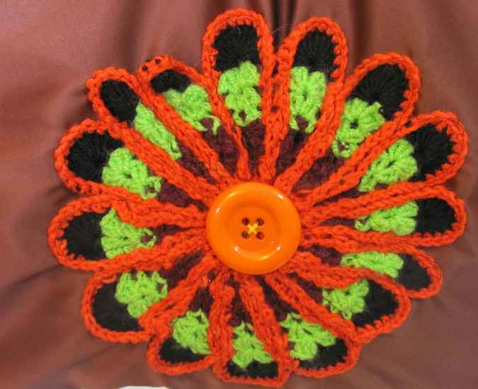 large image of art item: bag – brown crochet flower orange black green button orange