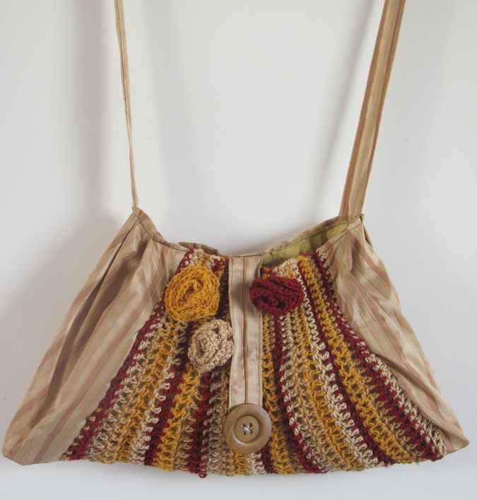 large image of art item: bag – brown crochet flower yellow crimson pink