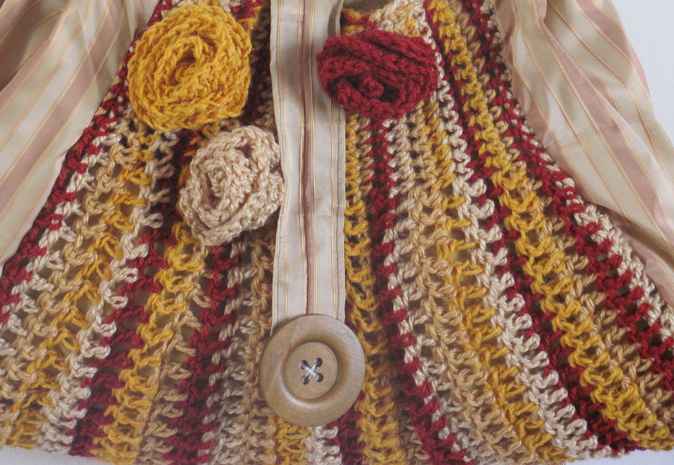 large image of art item: bag – brown crochet flower yellow crimson pink