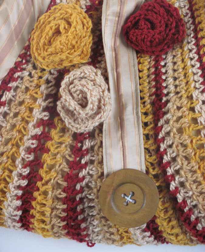 large image of art item: bag – brown crochet flower yellow crimson pink