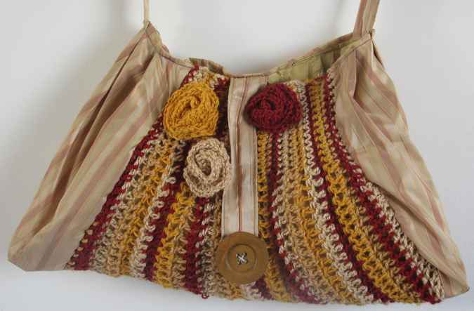large image of art item: bag – brown crochet flower yellow crimson pink