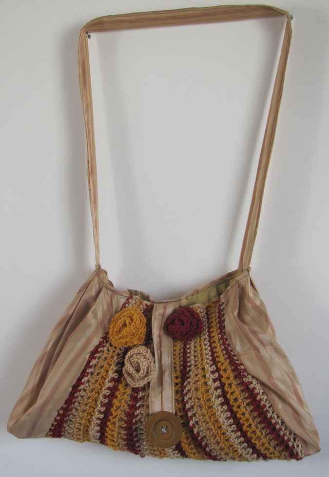 large image of art item: bag – brown crochet flower yellow crimson pink